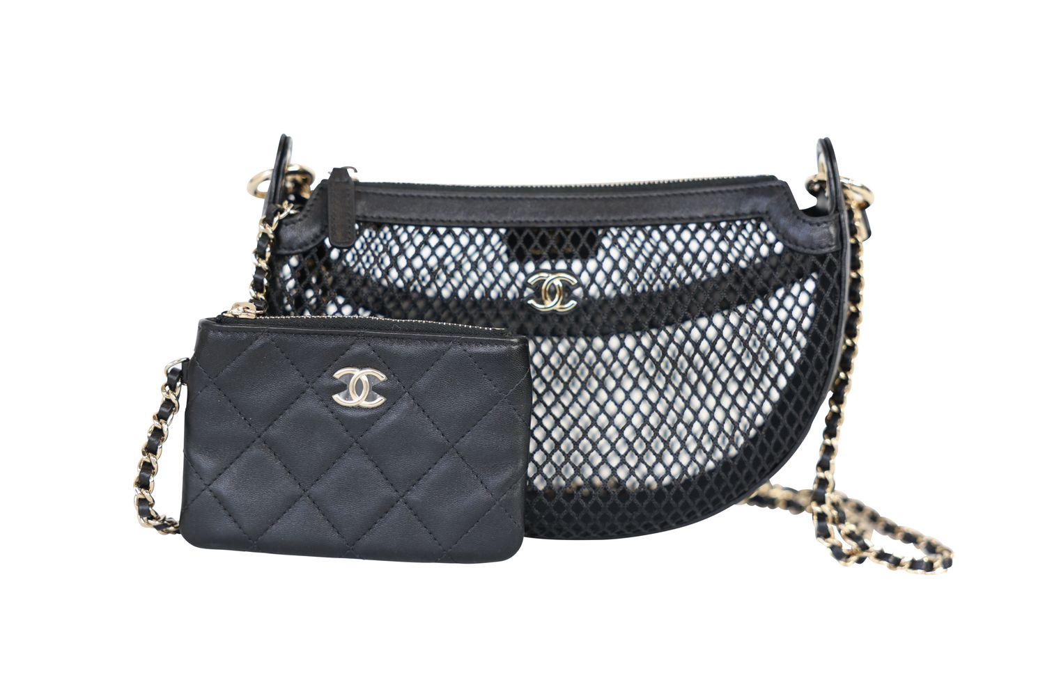 Chanel CC Mesh Pouch Bag, Black Textile and Quilted Lambskin with Gold Hardware, Preowned in Box WA001