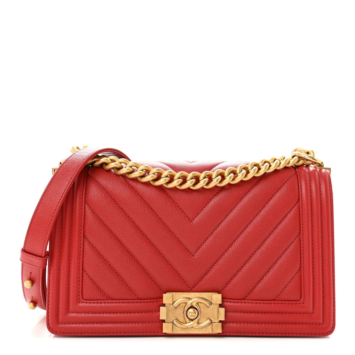 Chanel Caviar Chevron Quilted Medium Boy Flap Red