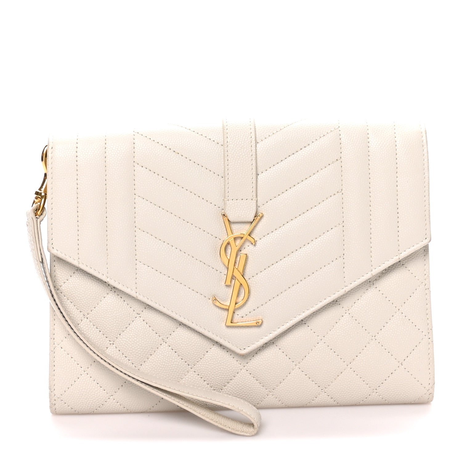 Saint Laurent Grain De Poudre Textured Mixed Matelasse Triquilt Monogram Clutch Crema Soft
