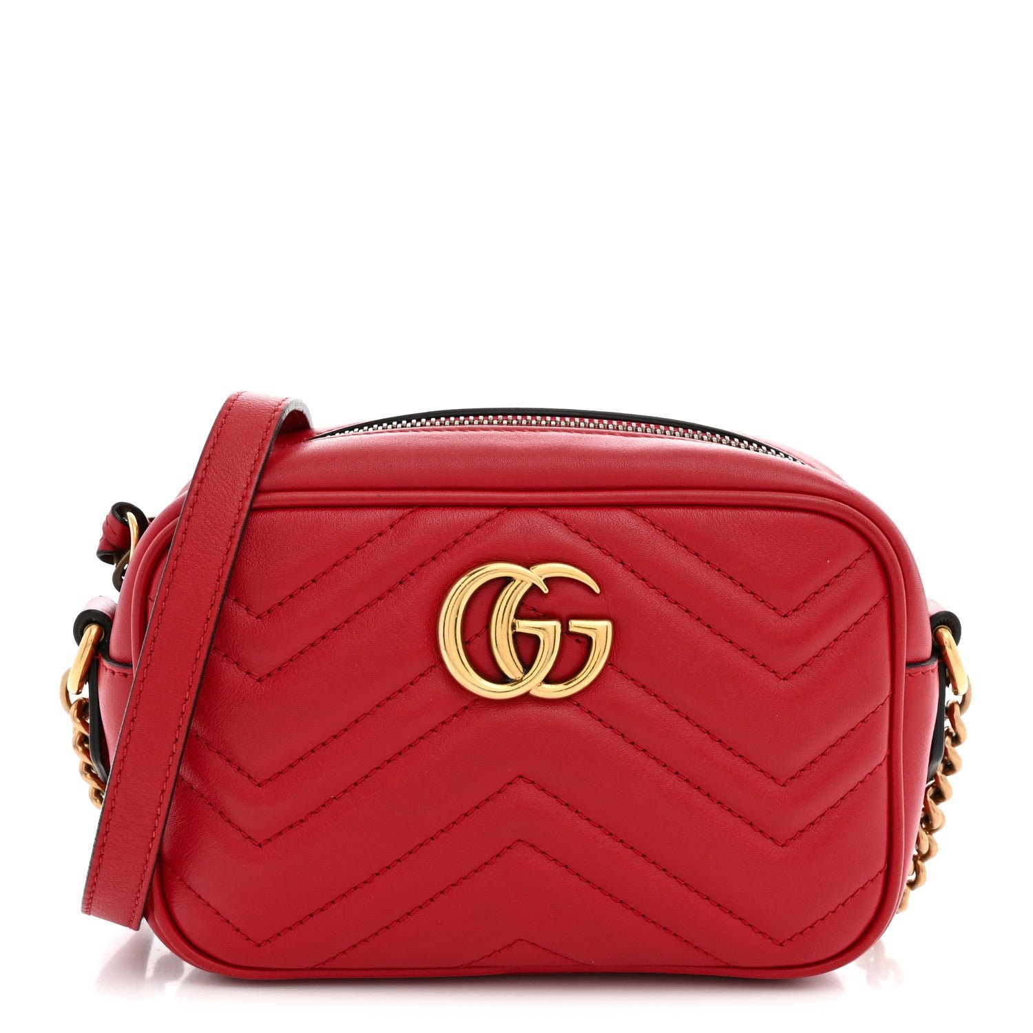 Gucci Calfskin Matelasse Mini GG Marmont Chain Shoulder Bag Hibiscus Red