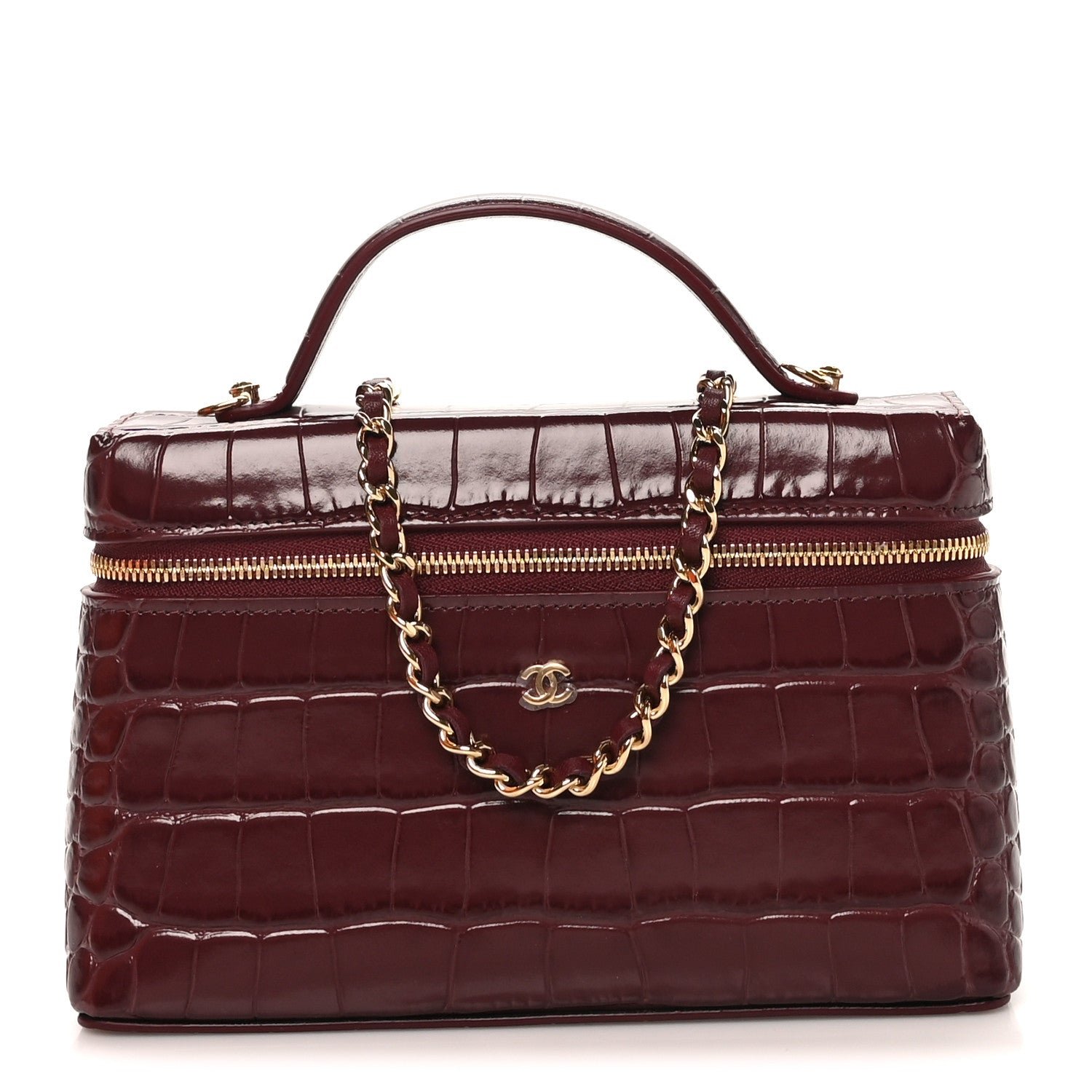 Chanel Calfskin Crocodile Embossed Crococo Top Handle Slim Vanity Case With Chain Dark Burgundy