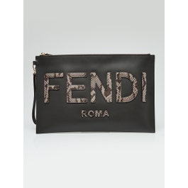 Fendi Fendi Black/Grey Leather/Snakeskin Zip Large Flat Wristlet Pouch 8N0178