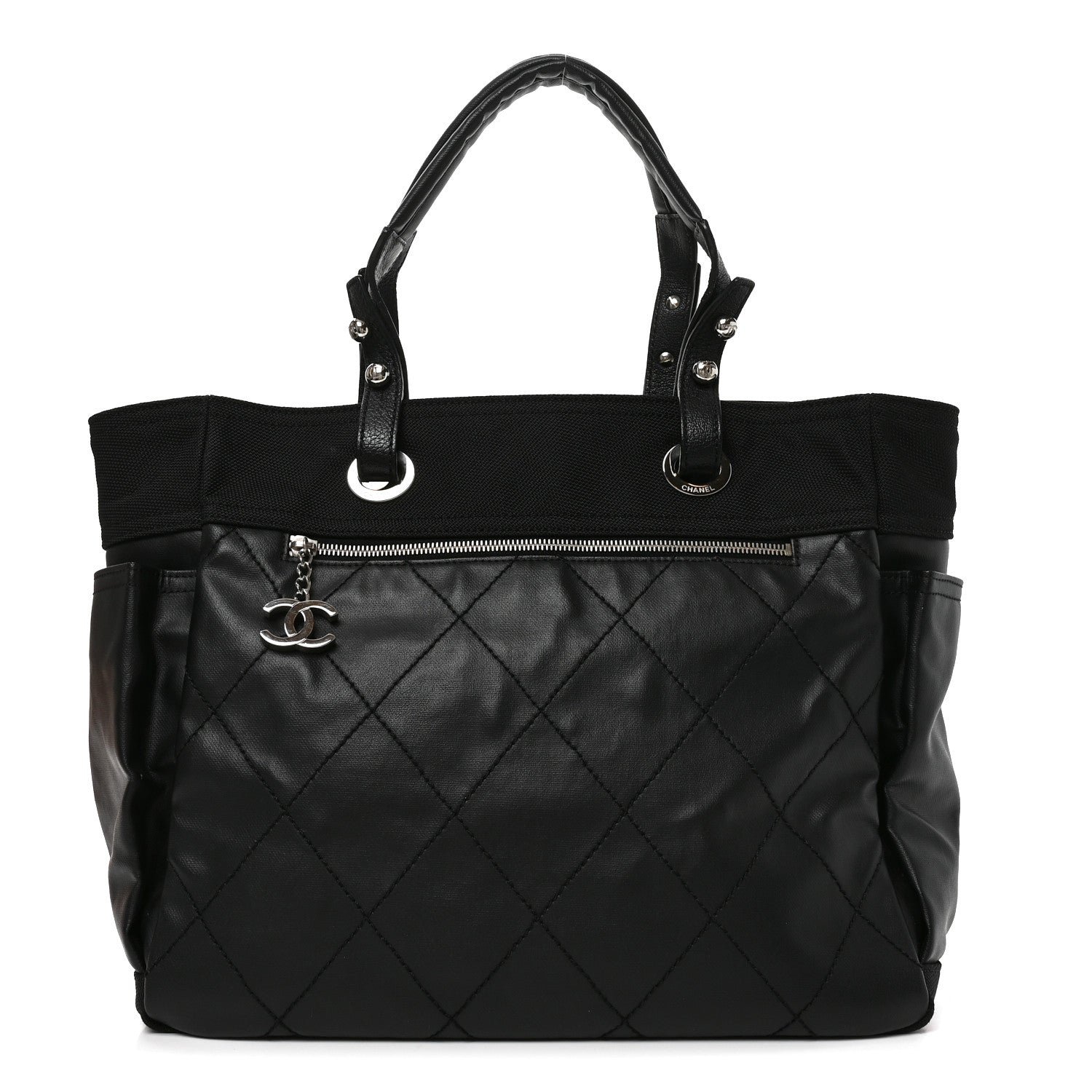 Chanel Coated Canvas Quilted Large Paris Biarritz Tote Black