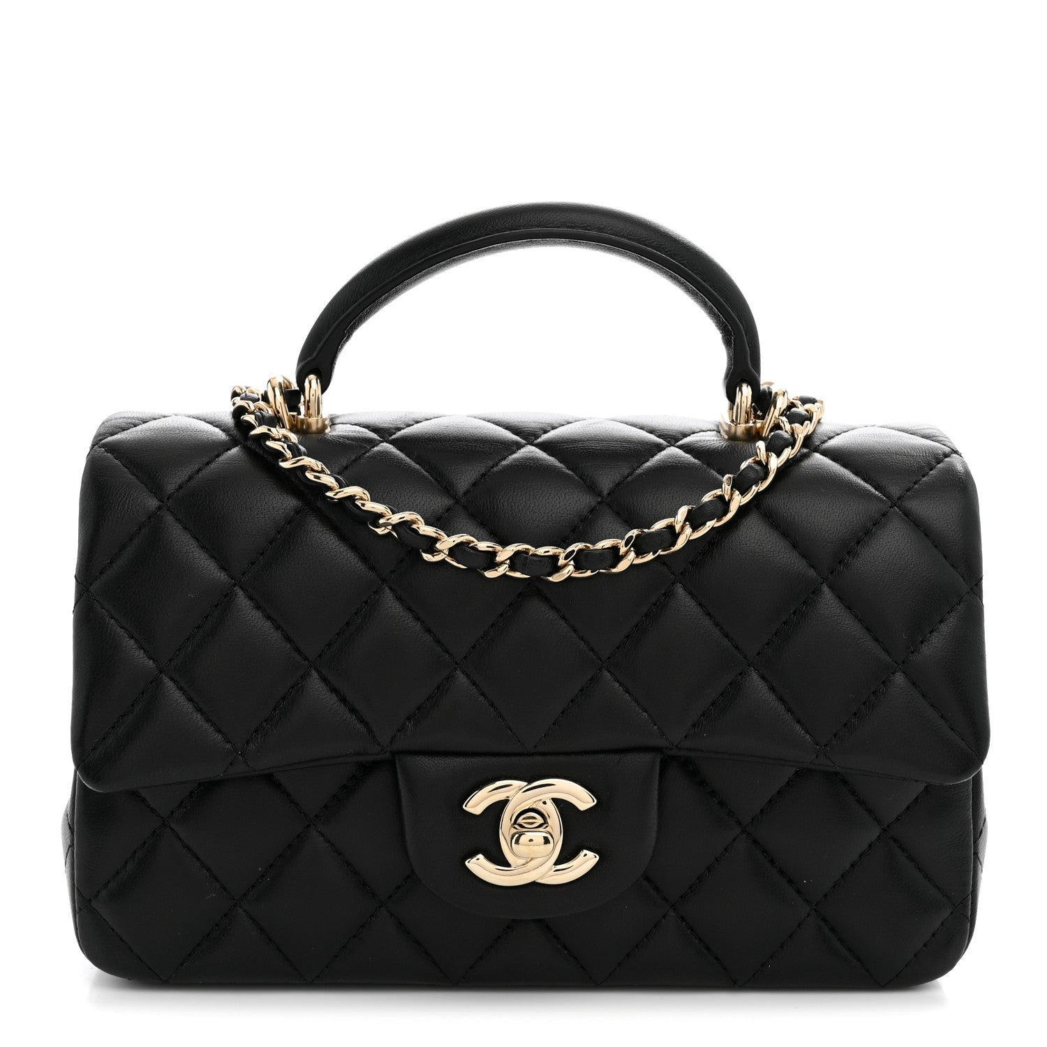 Chanel Lambskin Quilted Mini Top Handle Rectangular Flap Black