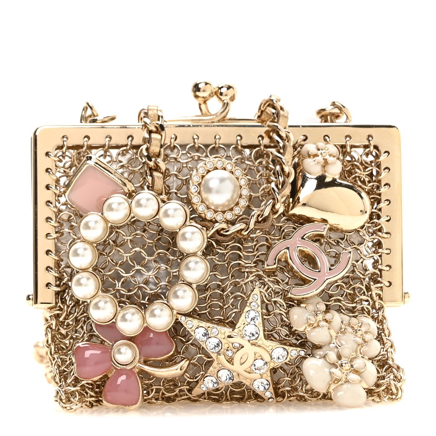 Chanel Metal Pearl Enamel Kiss Lock Chain Mail Charm Clutch Gold