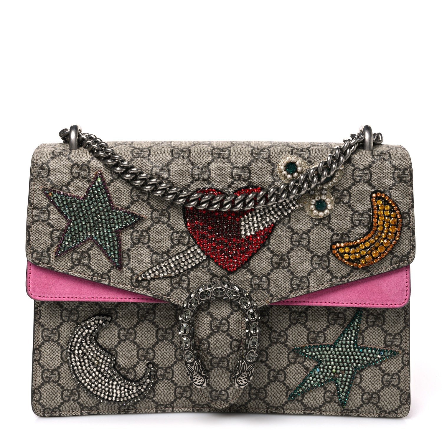 Gucci GG Supreme Monogram Suede Pierced Heart Embroidered Medium Dionysus Shoulder Bag Beige Ebony Pink Tropical Flower