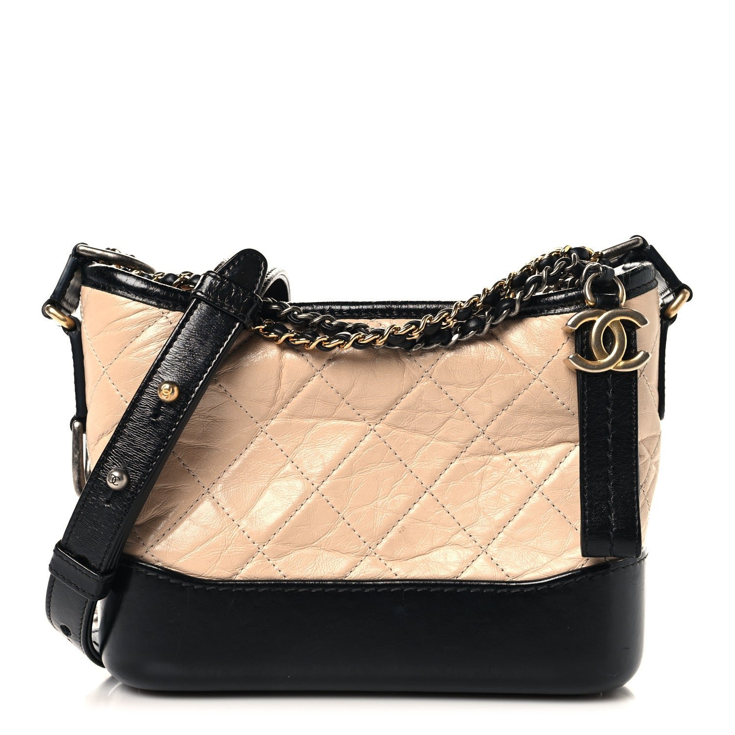Chanel Aged Calfskin Quilted Small Gabrielle Hobo Beige Black