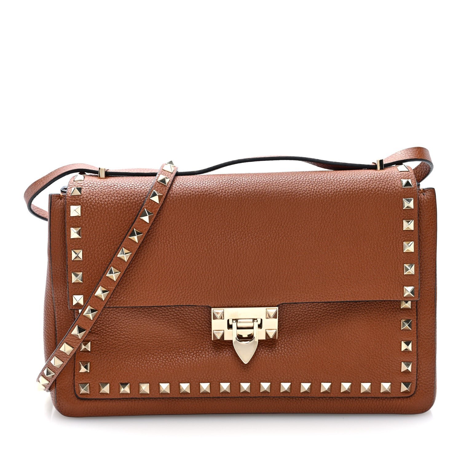 Valentino Garavani Pebbled Calfskin Rockstud Flip Lock Shoulder Flap Bag Brown