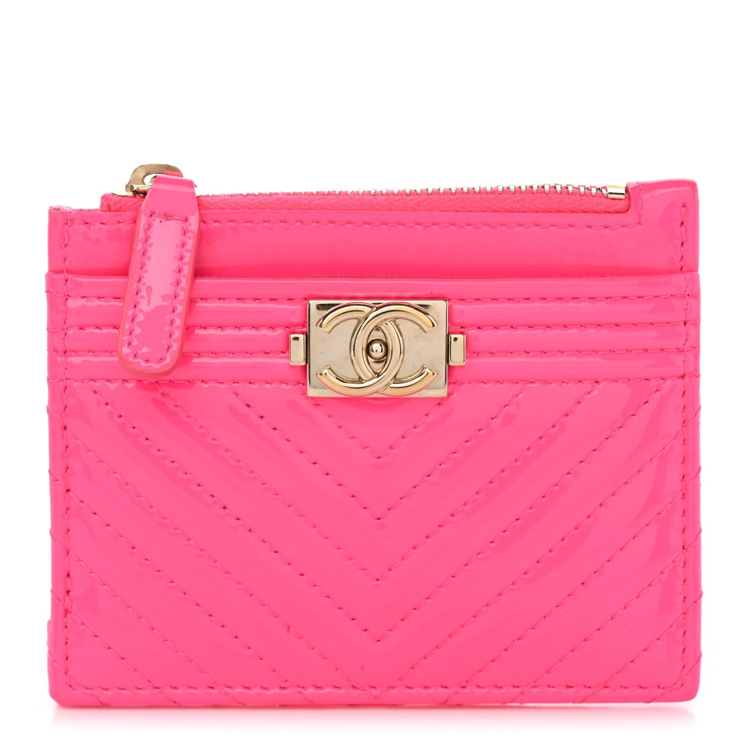 Chanel Patent Chevron Quilted Boy Zip Card Holder Neon Pink