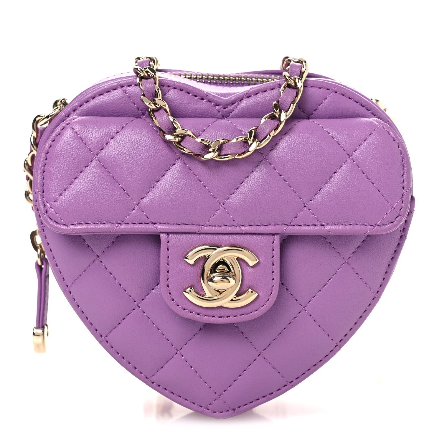 Chanel Lambskin Quilted CC In Love Heart Clutch With Chain Purple