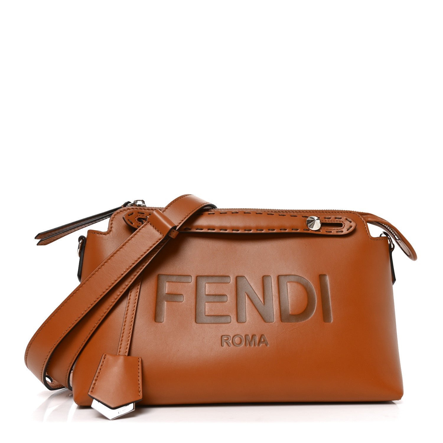 Fendi Vitello King Logo Embossed Medium By The Way Boston Bag Cuoio