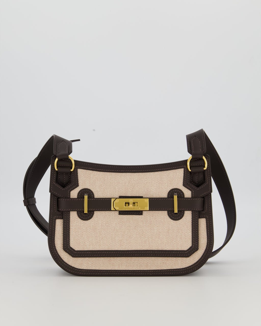 Hermès Mini Jypsiere Crossbody Bag in Bai Brun Swift Leather and Cream Canvas with Gold Hardware