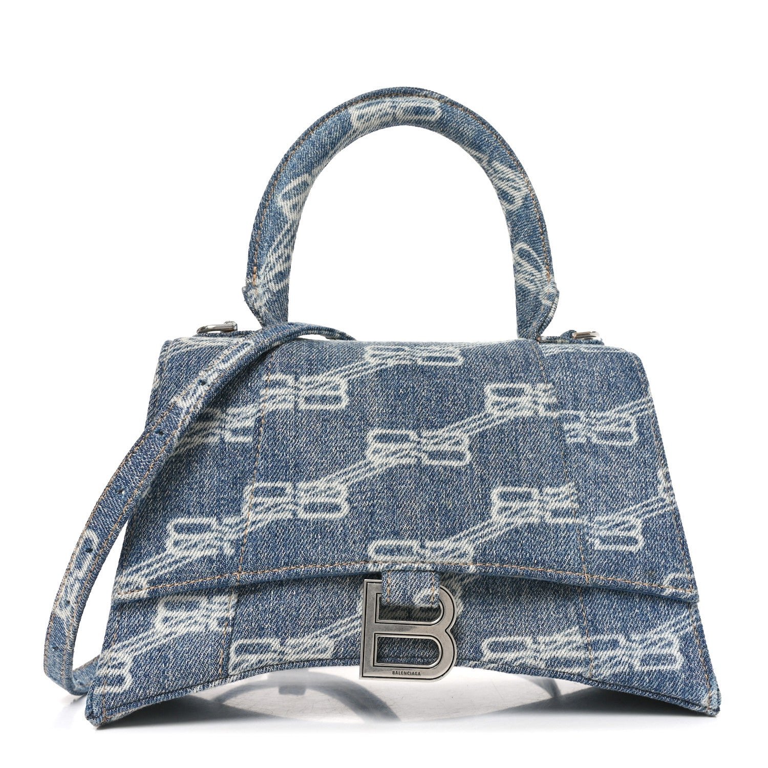 Balenciaga Denim BB Monogram Small Hourglass Top Handle Bag Blue