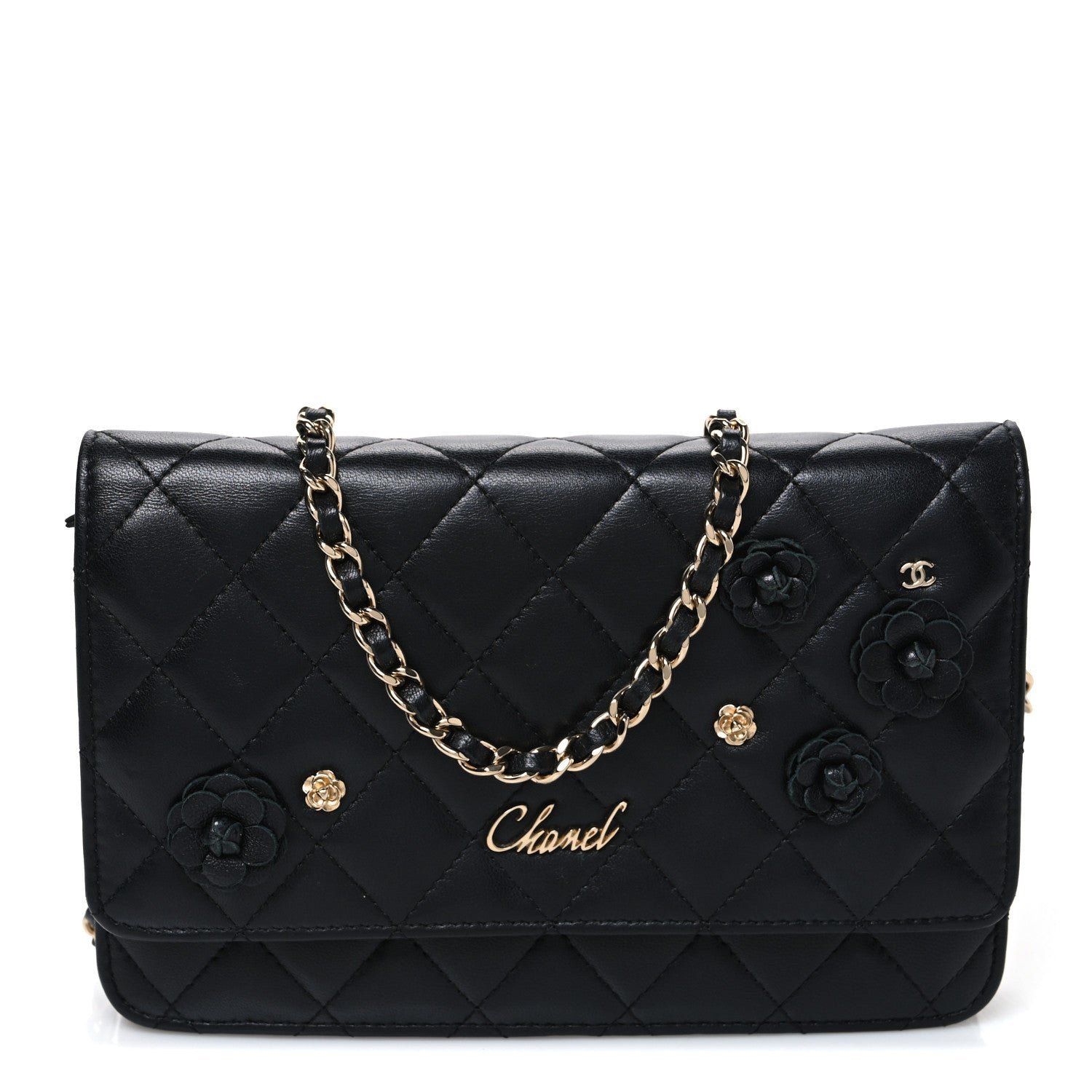 Chanel Lambskin Camellia Wallet on Chain WOC Black