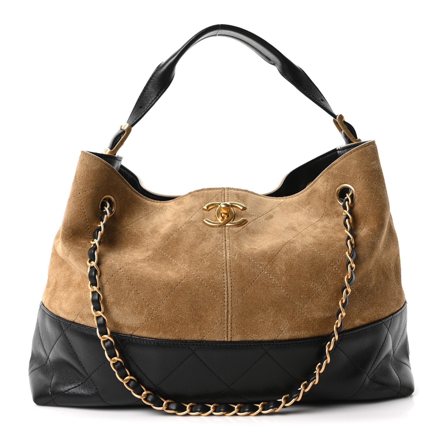 Chanel Suede Calfskin Shiny Lambskin Quilted Small Coco Base Shopping Bag Beige Black