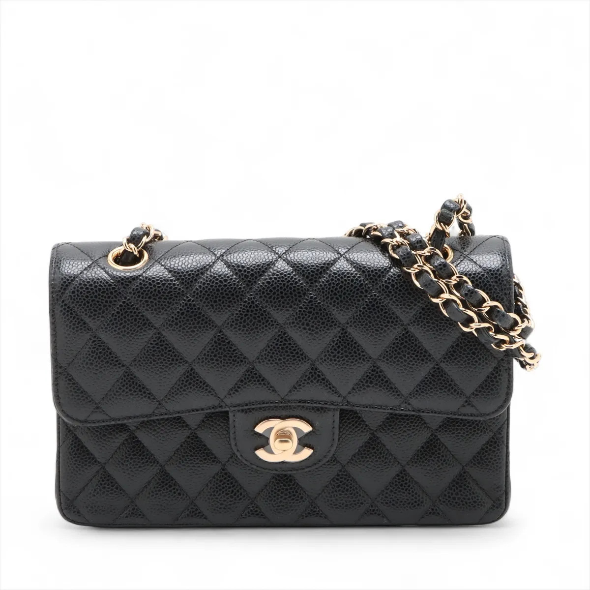 Chanel Matelasse 23 Small Caviar Skin Double Flap Double Chain Bag Black Gold Me