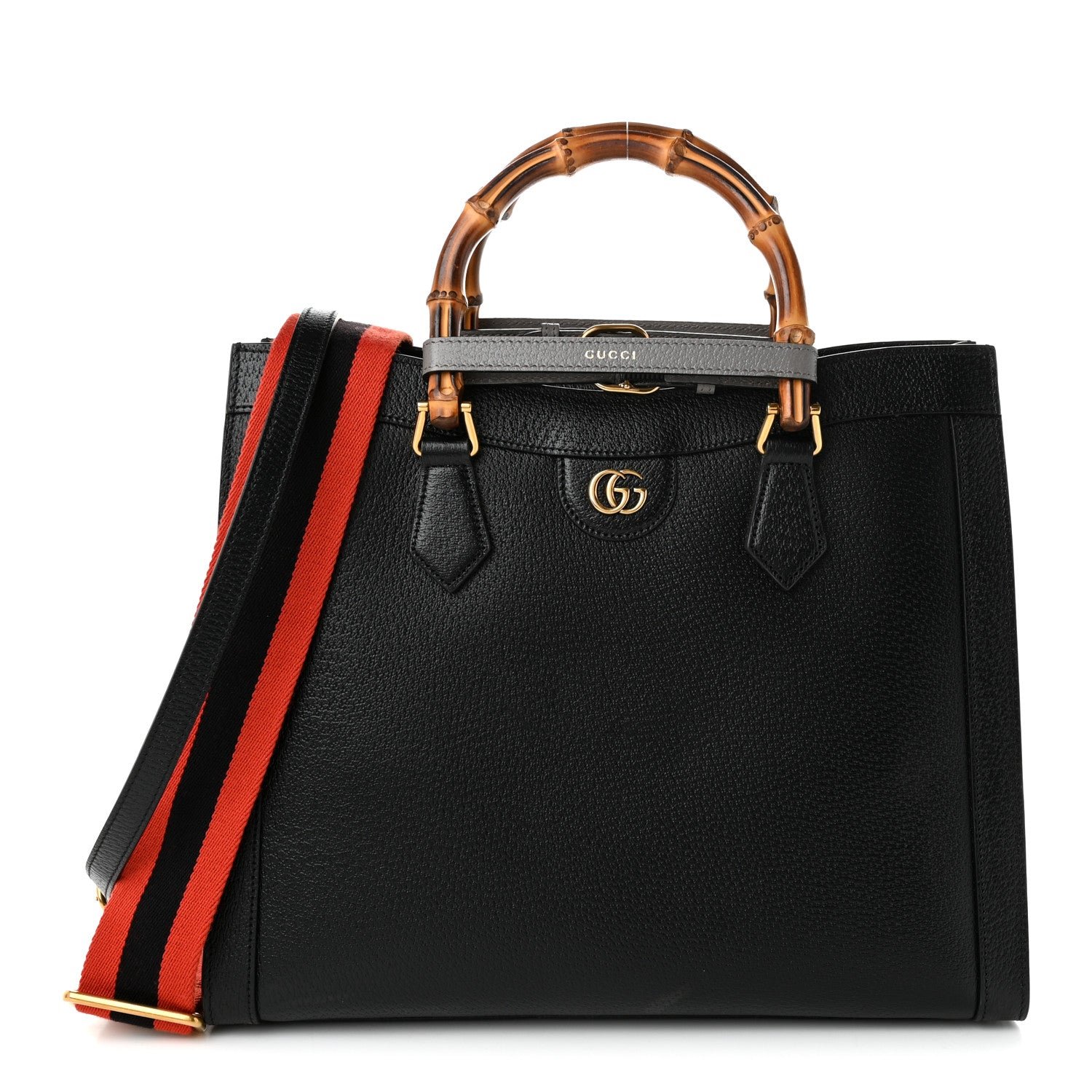 Gucci Textured Dollar Calfskin Web Medium Diana Tote Bag Black Dusty Grey