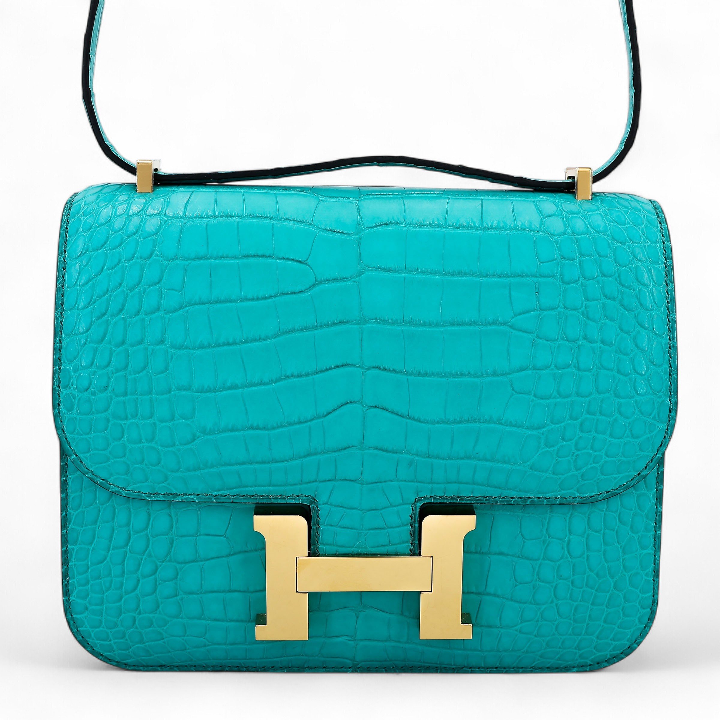 Very Good ( Rank A) HERMÈS Constance Mini Bleu Paon (7F) Matte Alligator Gold hardware D (2019)