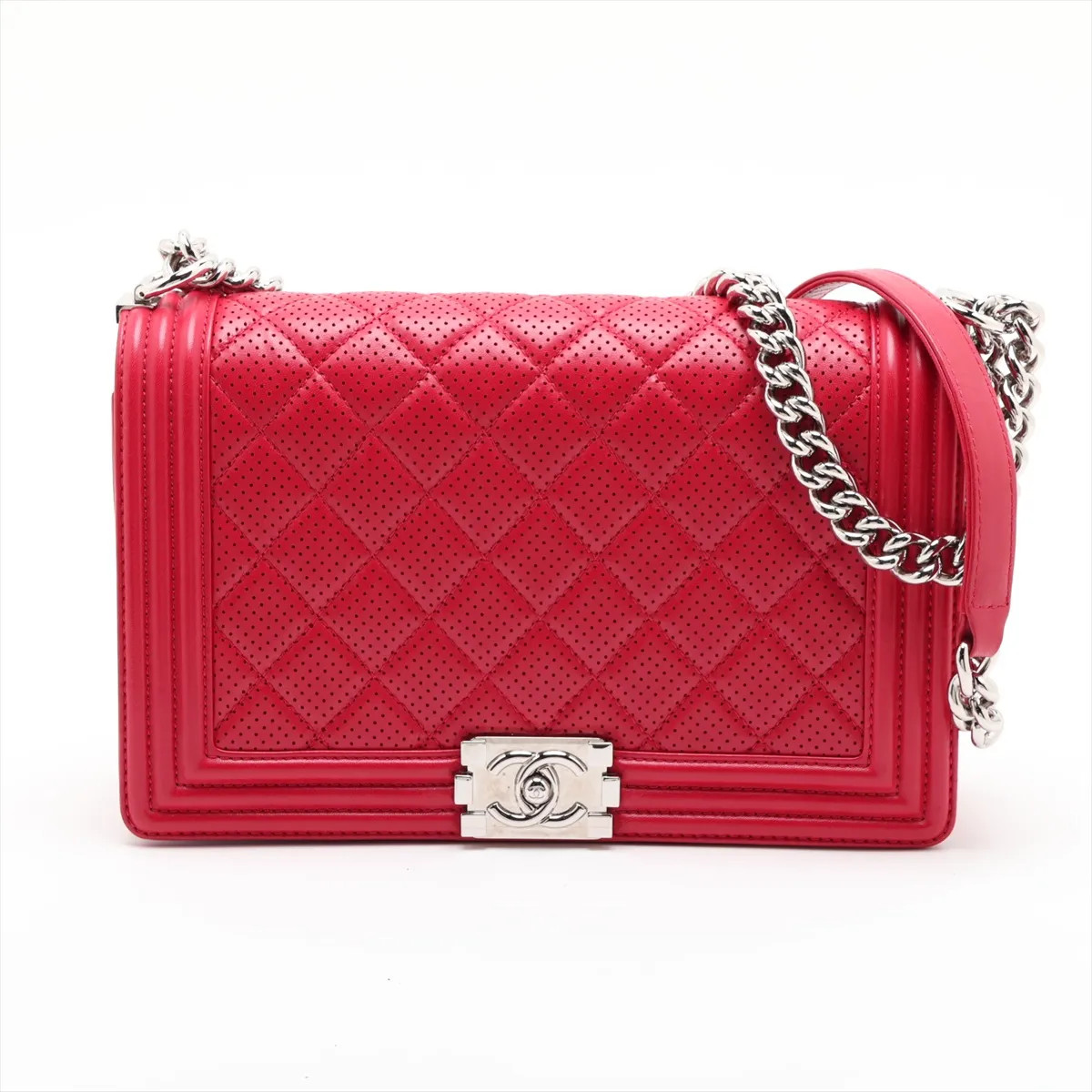 Chanel BOY CHANEL 28 Large Punching leather Chain Shoulder Bag Red Silver Metal