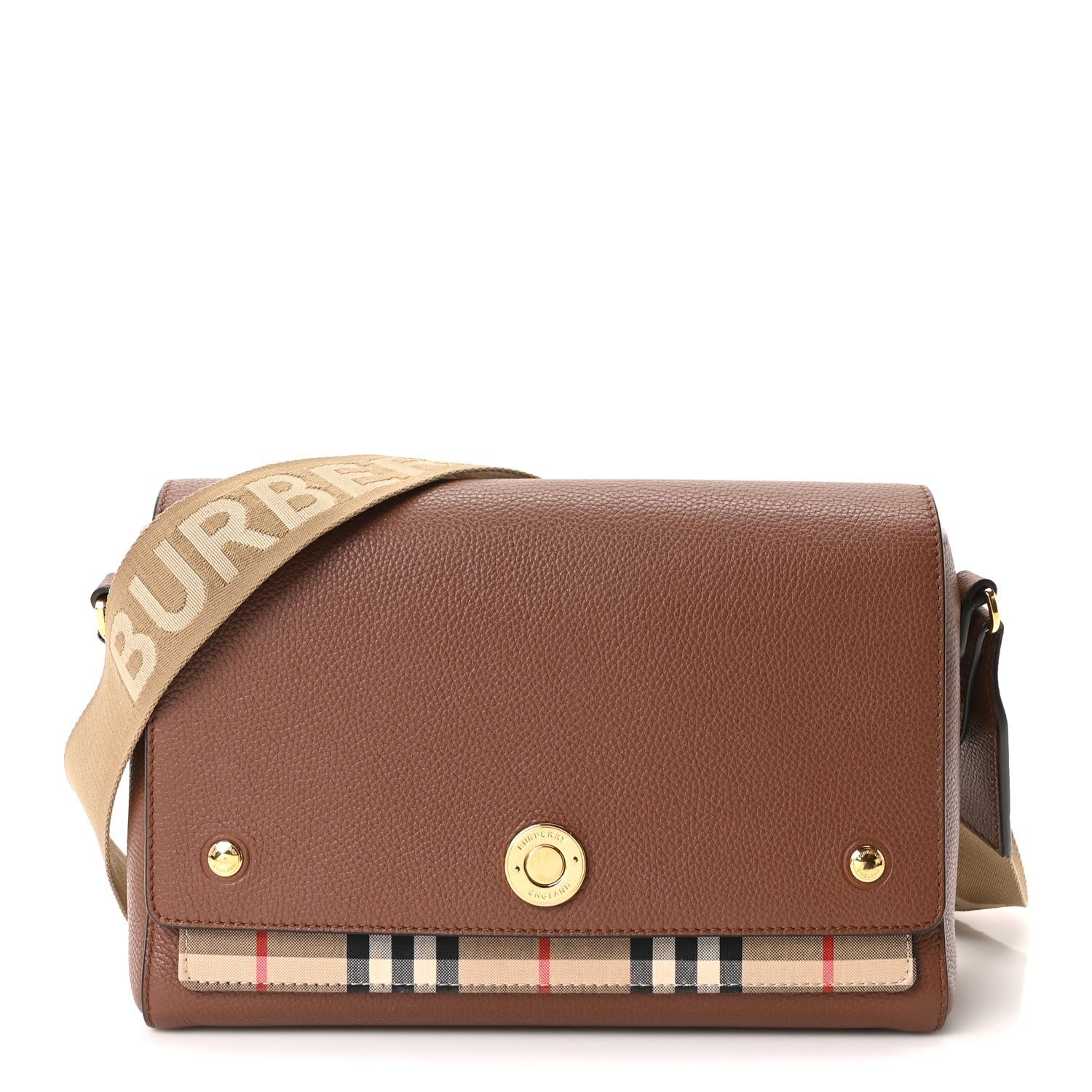 Burberry Calfskin Vintage Check Note Crossbody Bag Tan