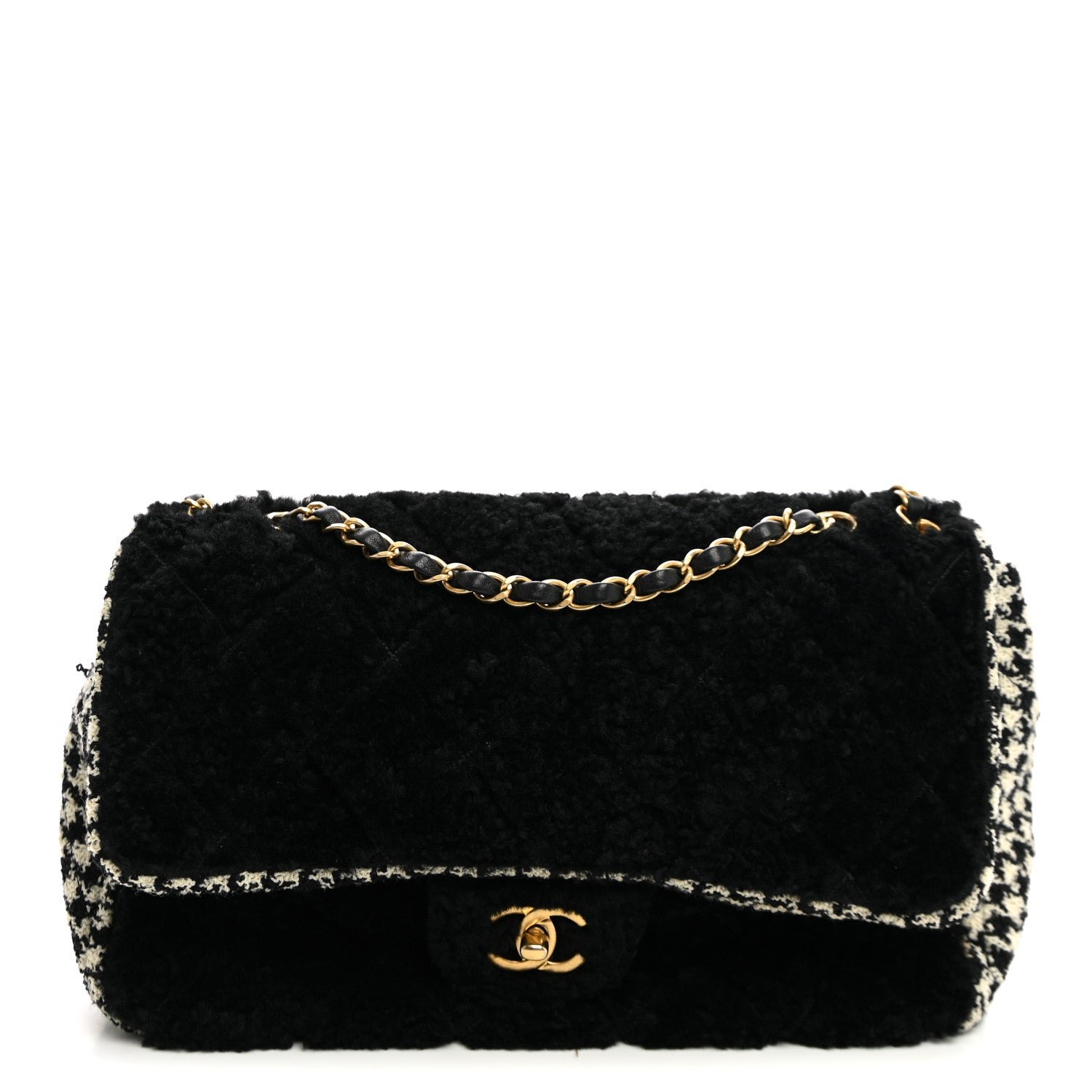 Chanel Shearling Sheepskin Tweed Quilted Single Flap Black