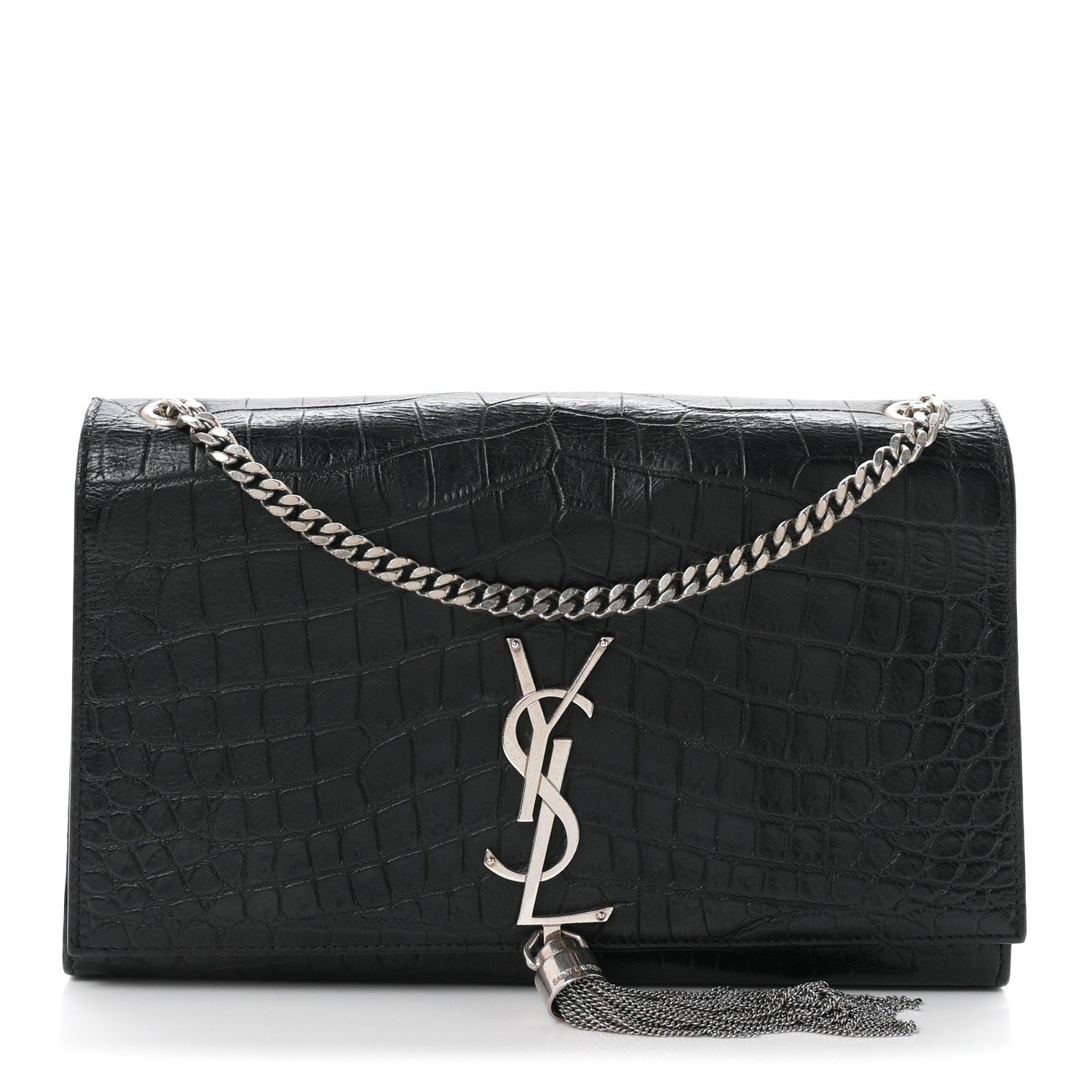 Saint Laurent Calfskin Crocodile Embossed Medium Classic Monogram Kate Tassel Satchel Black