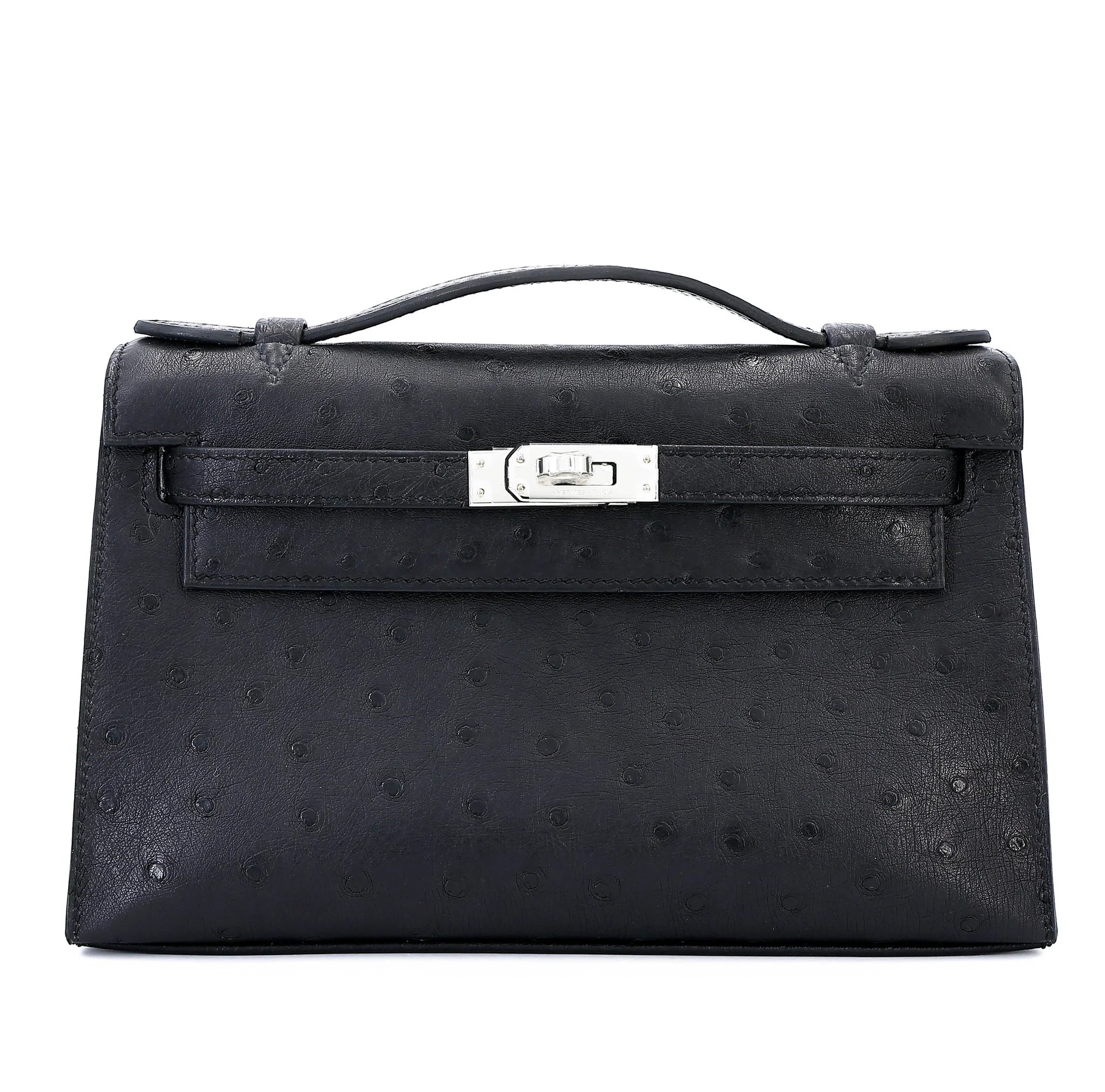 Brand New ( Rank N ) HERMÈS Kelly Pochette Noir (89) Ostrich Palladium hardware G (2026)