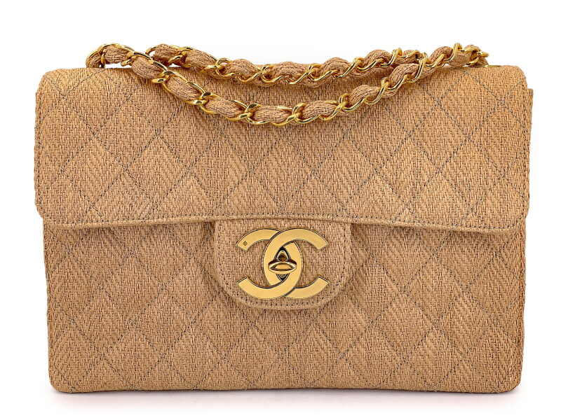 Vintage Wool Tweed Beige Quilted Classic Jumbo Clutch Flap Bag Gold Hardware, 1994