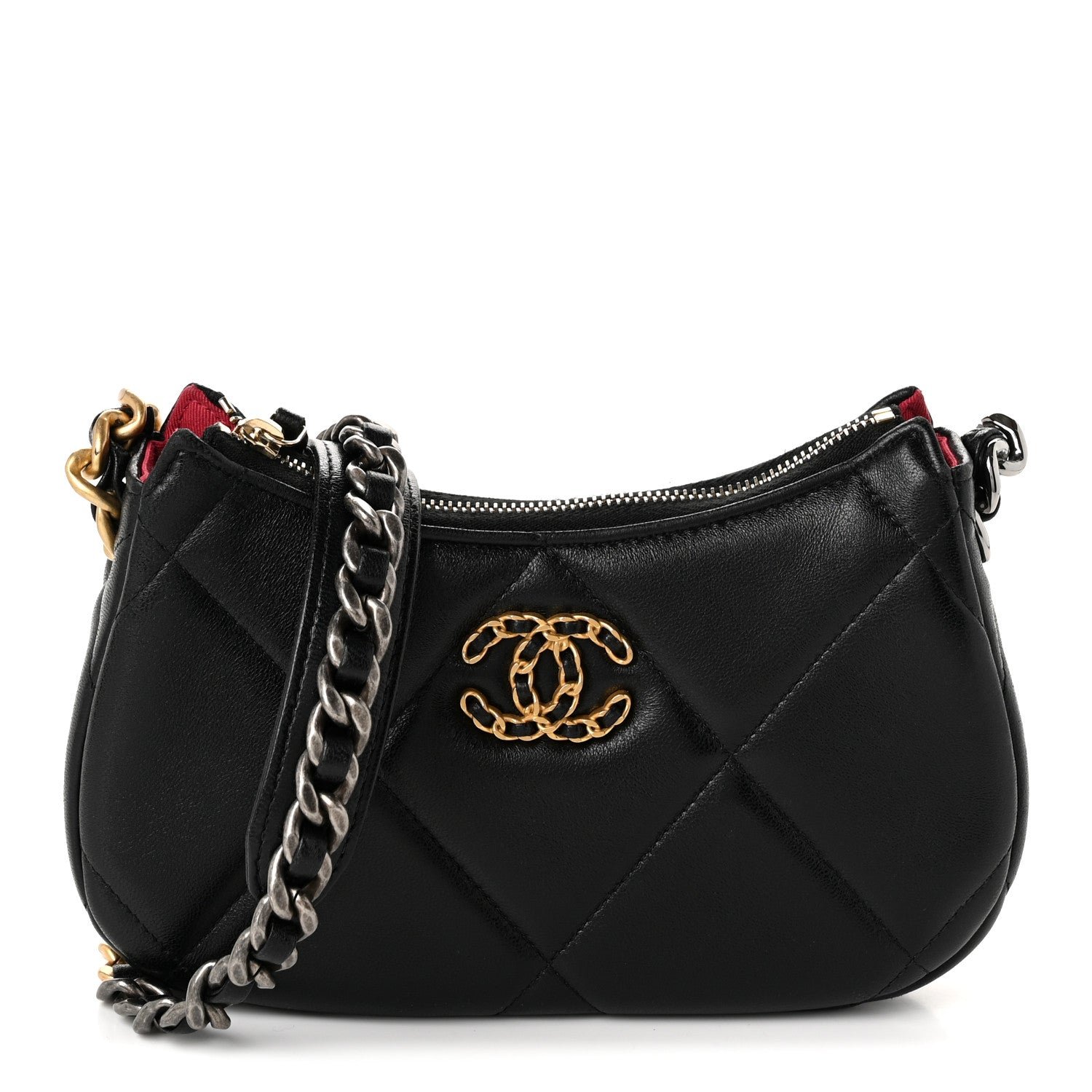 Chanel Lambskin Quilted Chanel 19 Hobo Clutch With Chain Black