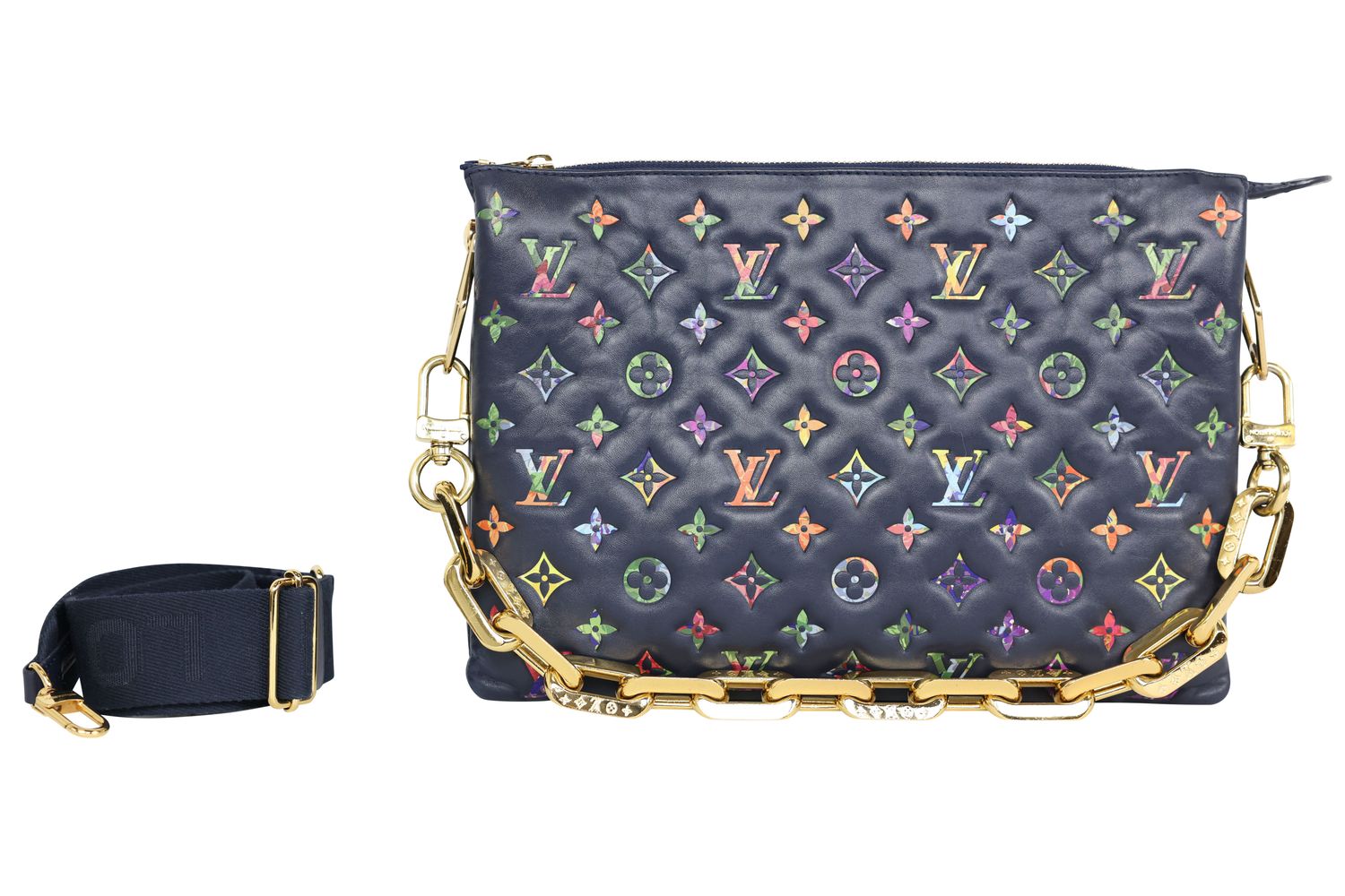 Louis Vuitton Louis Vuitton Coussin MM Bag, Navy Blue with Multicolor Monogram Embossed Lambskin and Gold Hardware, Preowned No Dustbag WA001