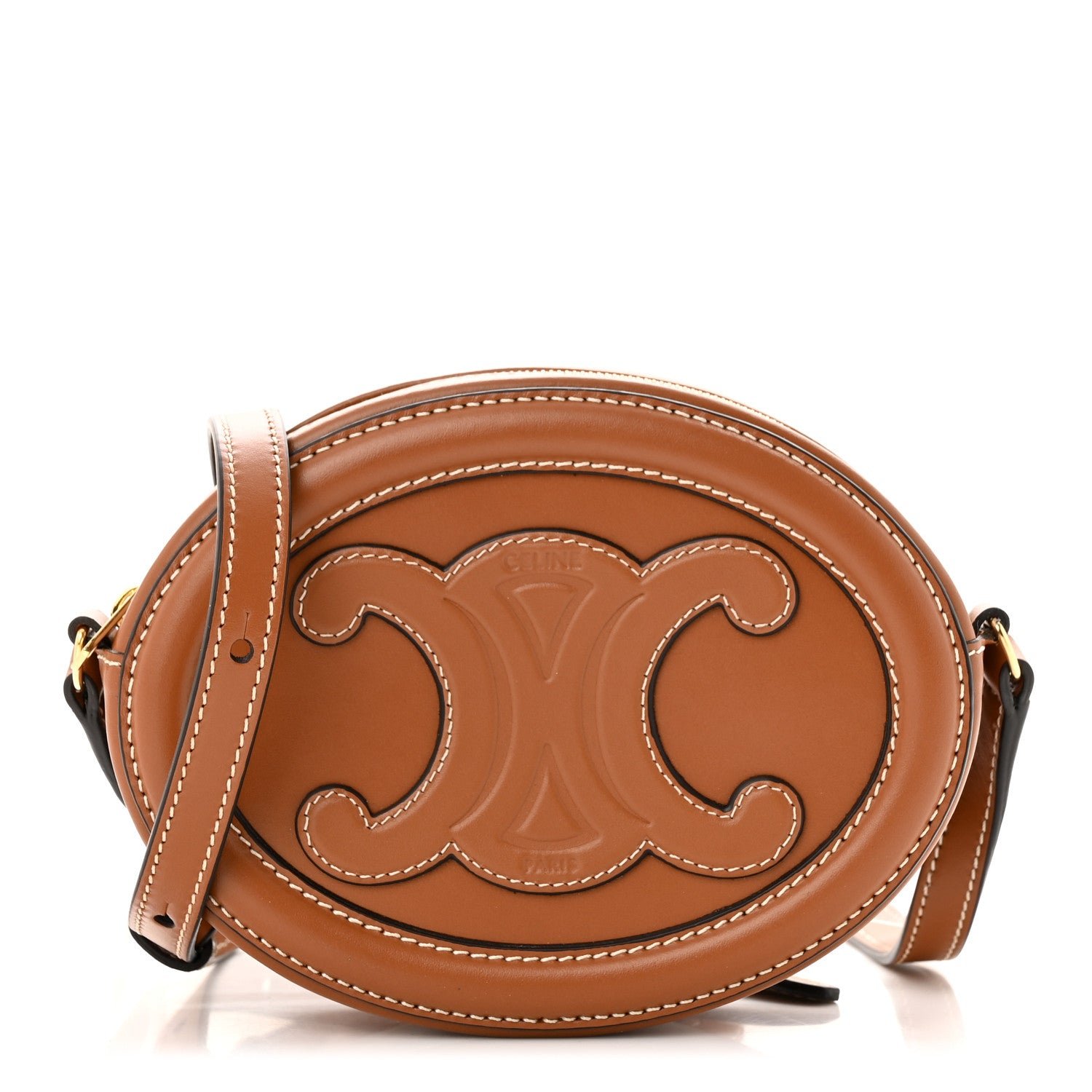 Celine Smooth Calfskin Cuir Small Triomphe Oval Crossbody Purse Tan