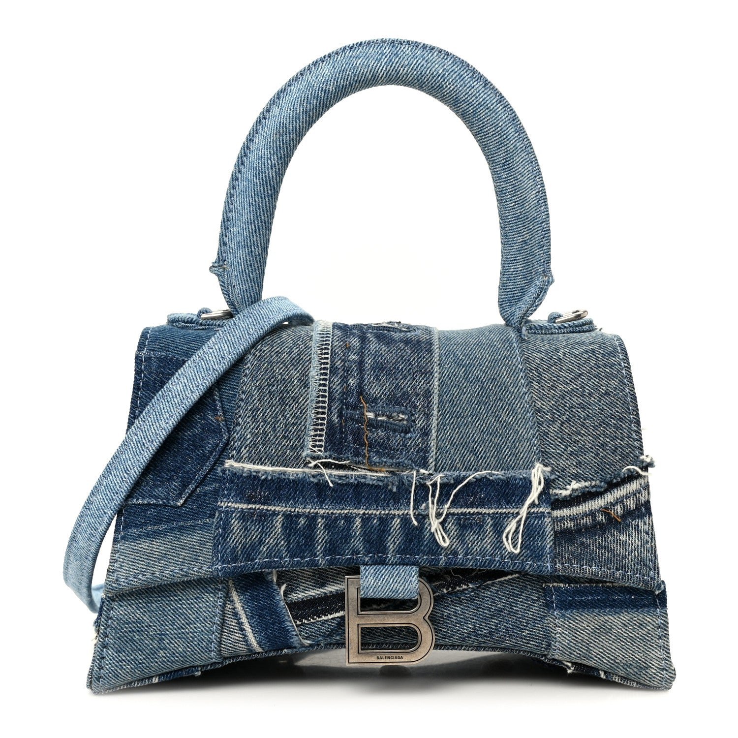 Balenciaga Denim Patchwork Small Hourglass Top Handle Bag Washed Blue