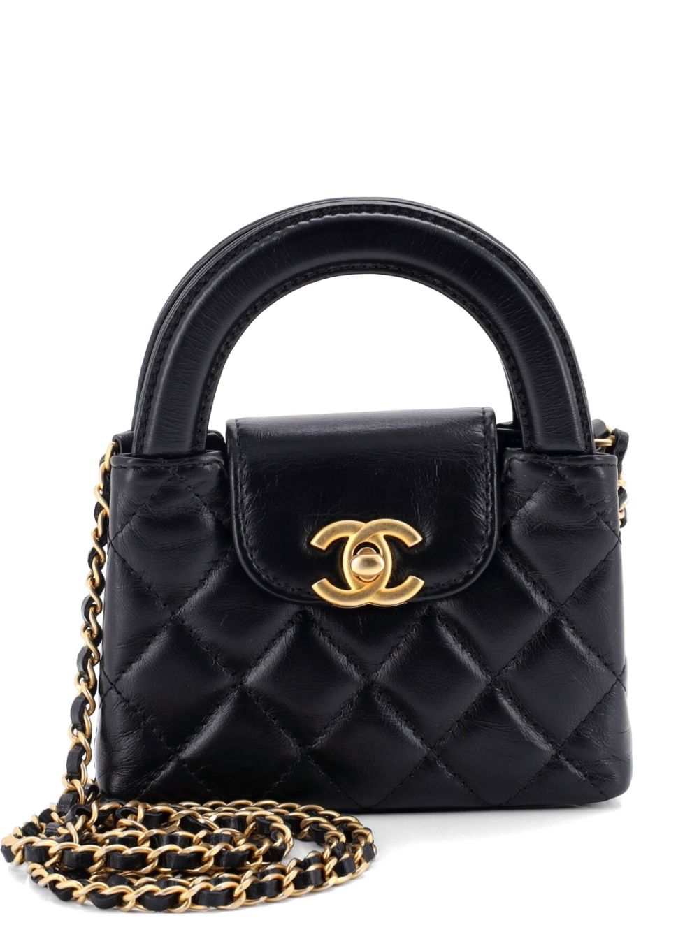 Kelly Top Handle Shopping Bag Quilted Shiny Aged Calfskin Nano crossbody bag
