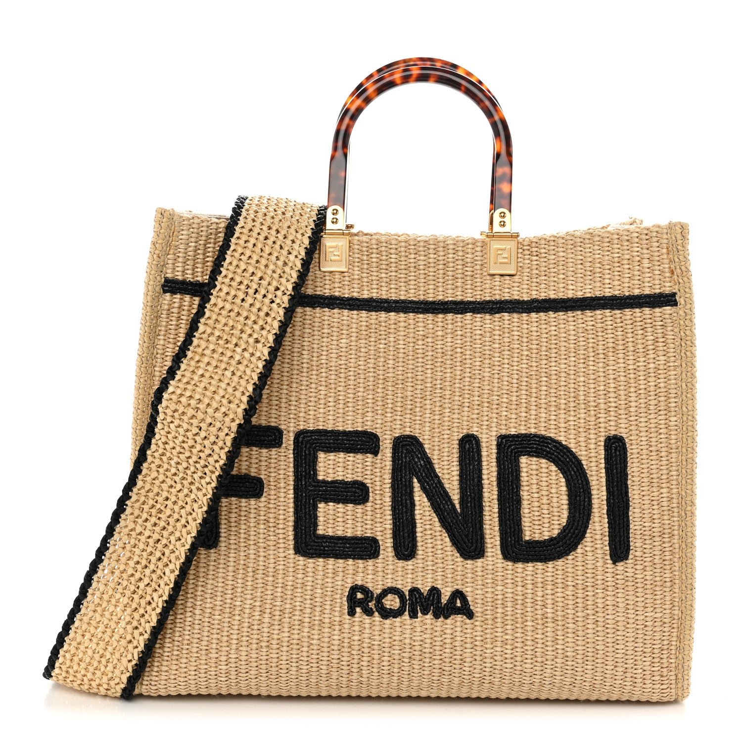 Fendi Straw Vitello King Plexiglass Woven Medium Fendi Sunshine Shopper Tote Natural Black