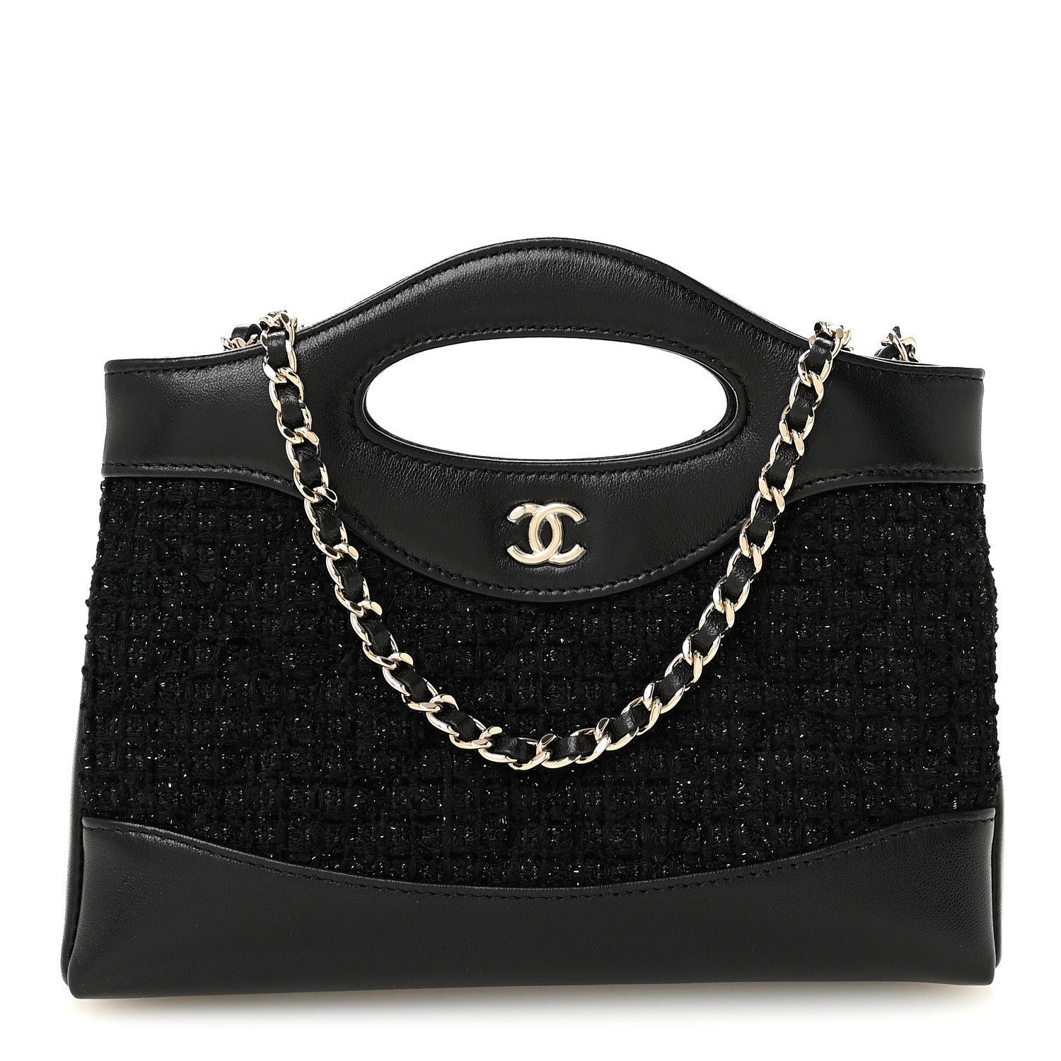 Chanel Tweed Shiny Calfskin Quilted Nano 31 Shopping Bag Black