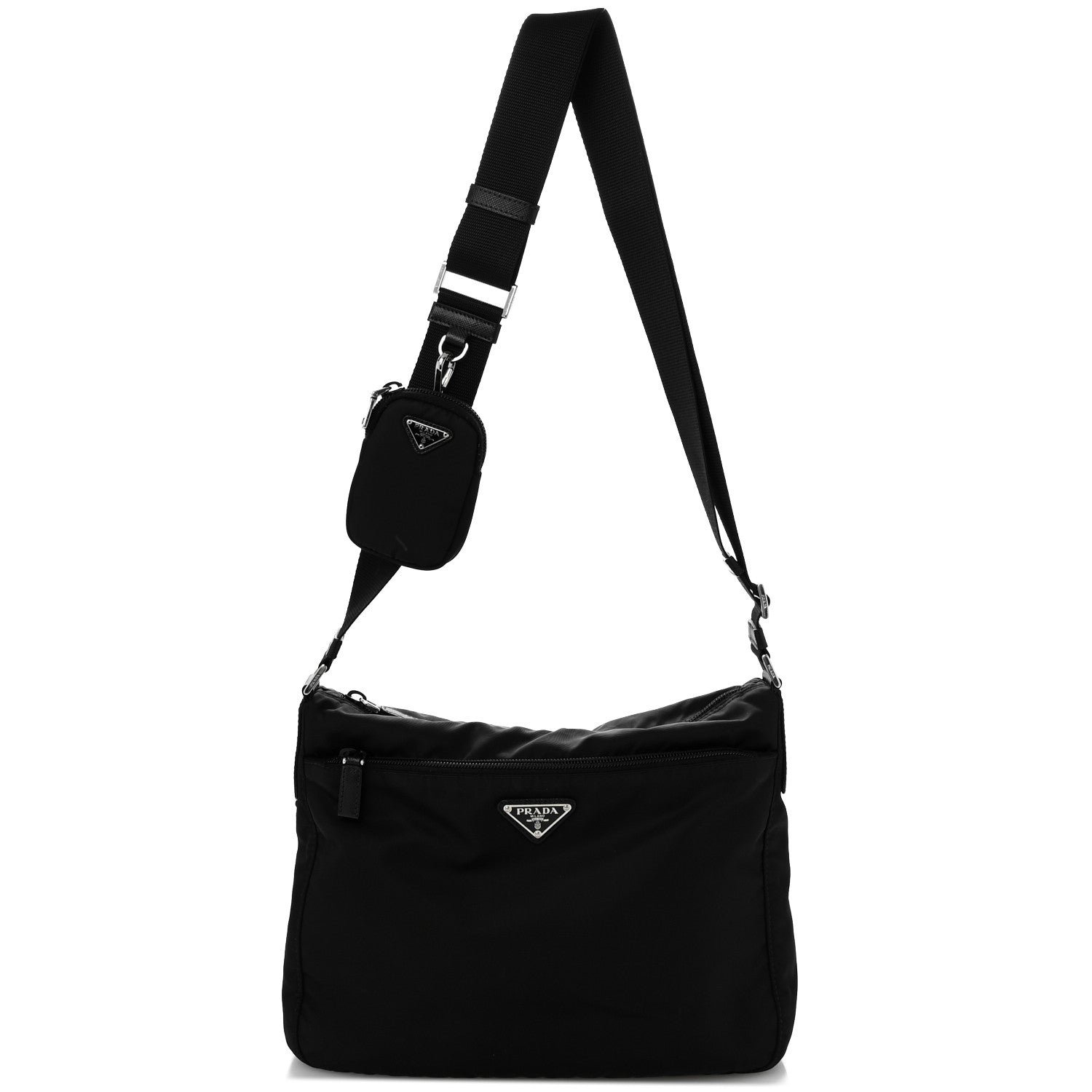 Prada Re-Nylon Vela Saffiano Pocket Double Zip Messenger Bag Black
