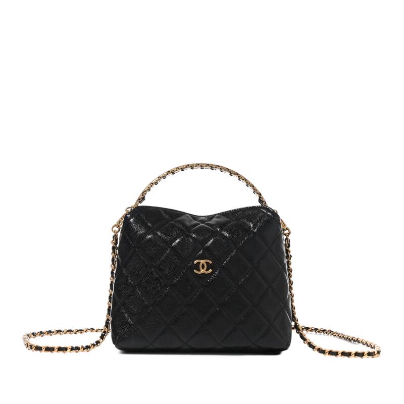 Chanel Black Quilted Caviar Top Handle Clutch With Chain Aged Gold Hardware, 2024