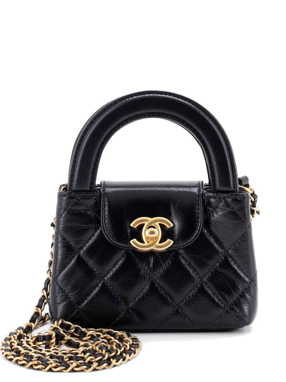 Kelly Top Handle Shopping Bag Quilted Shiny Aged Calfskin Nano crossbody bag