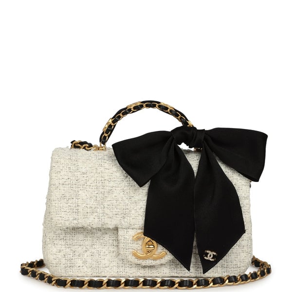 Chanel Mini CC Rectangular Flap Bag with Top Handle White Tweed Brushed Gold Hardware
