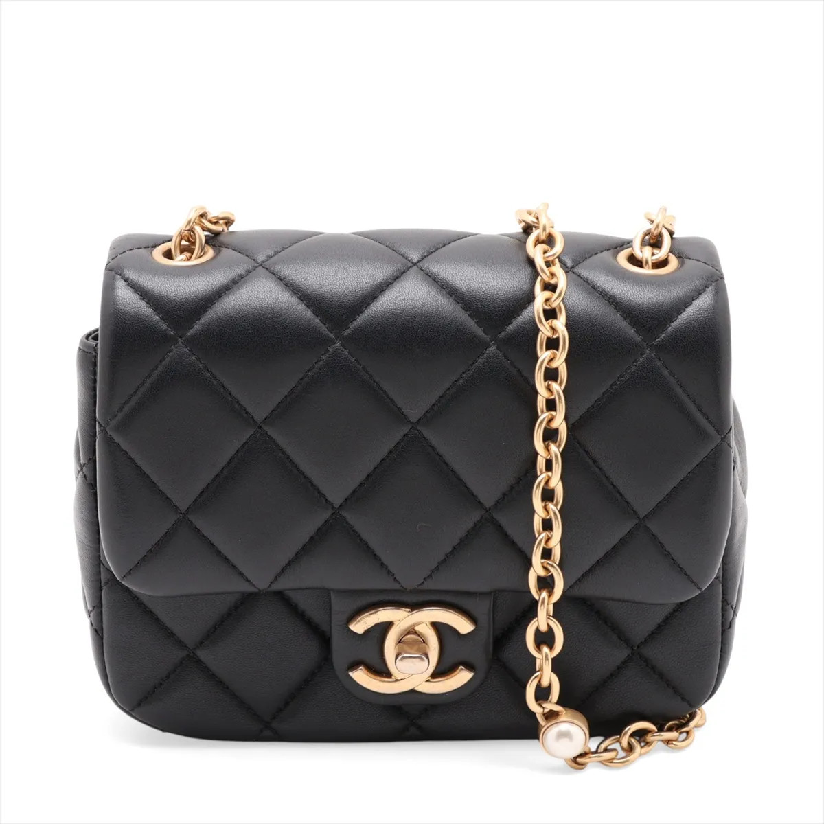Chanel Mini Matelasse Lambskin Single Flap Single Chain Bag Pearl hearts Black G