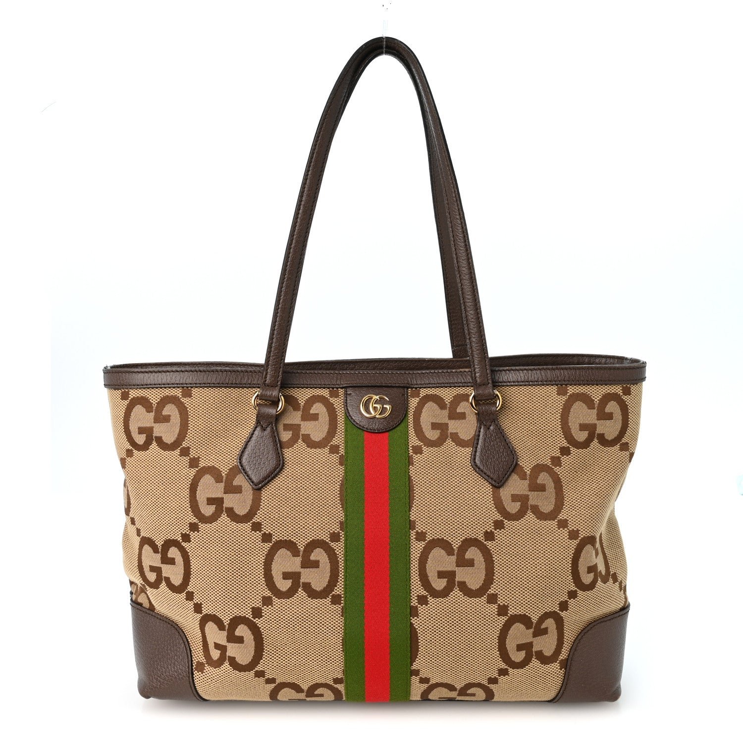 Gucci Monogram Jumbo GG Textured Dollar Calfskin Web Medium Ophidia Shopping Tote Camel Ebony
