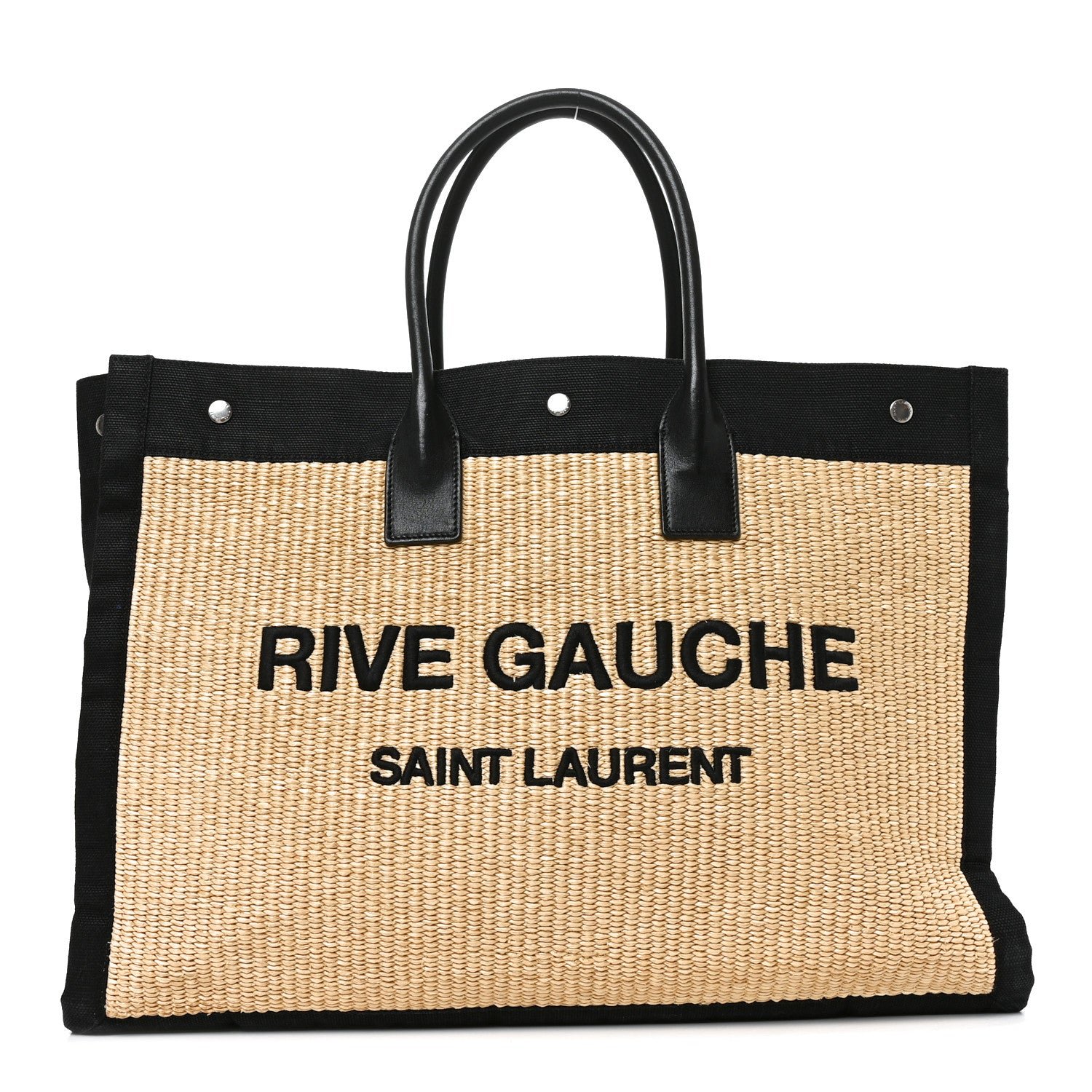 Saint Laurent Raffia Linen Calfskin Rive Gauche Tote Naturale Black