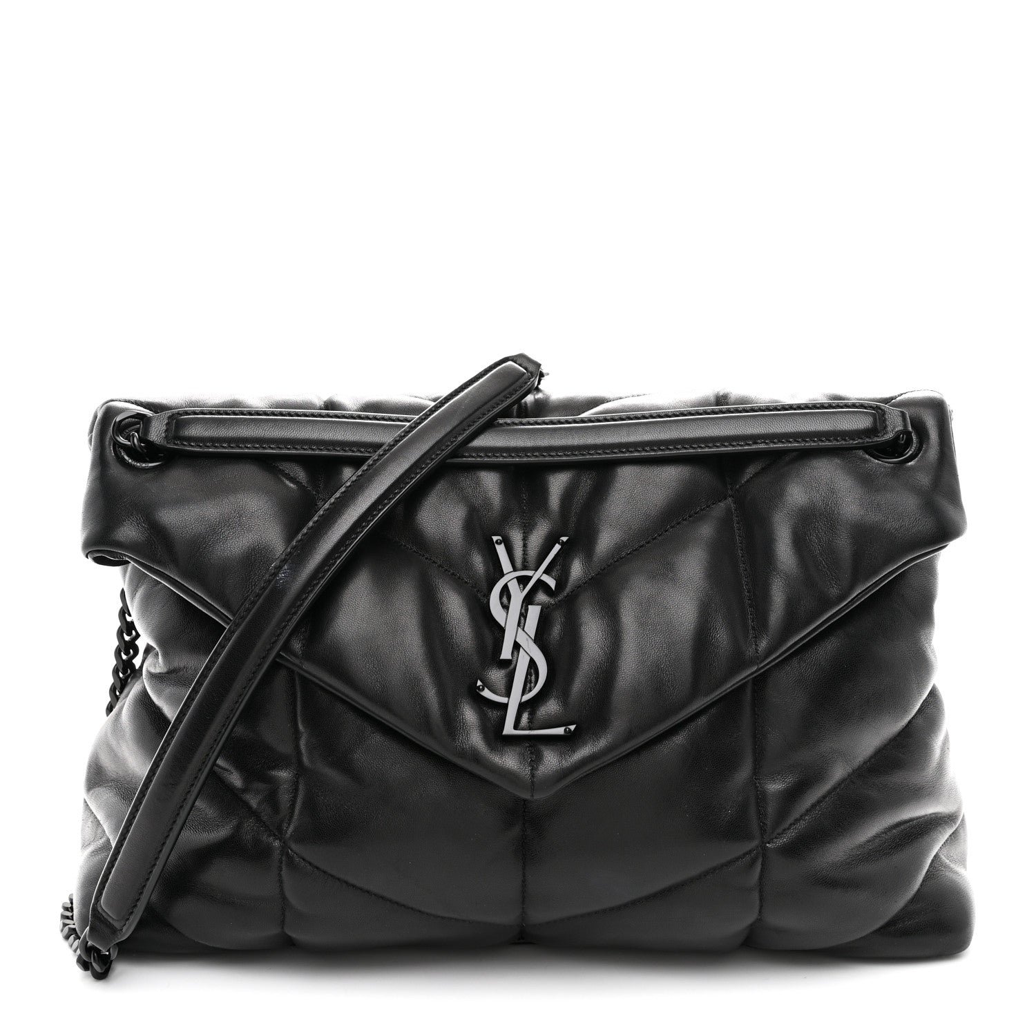 Saint Laurent Lambskin Quilted Monogram Monochrome Medium Loulou Puffer Chain Satchel Black