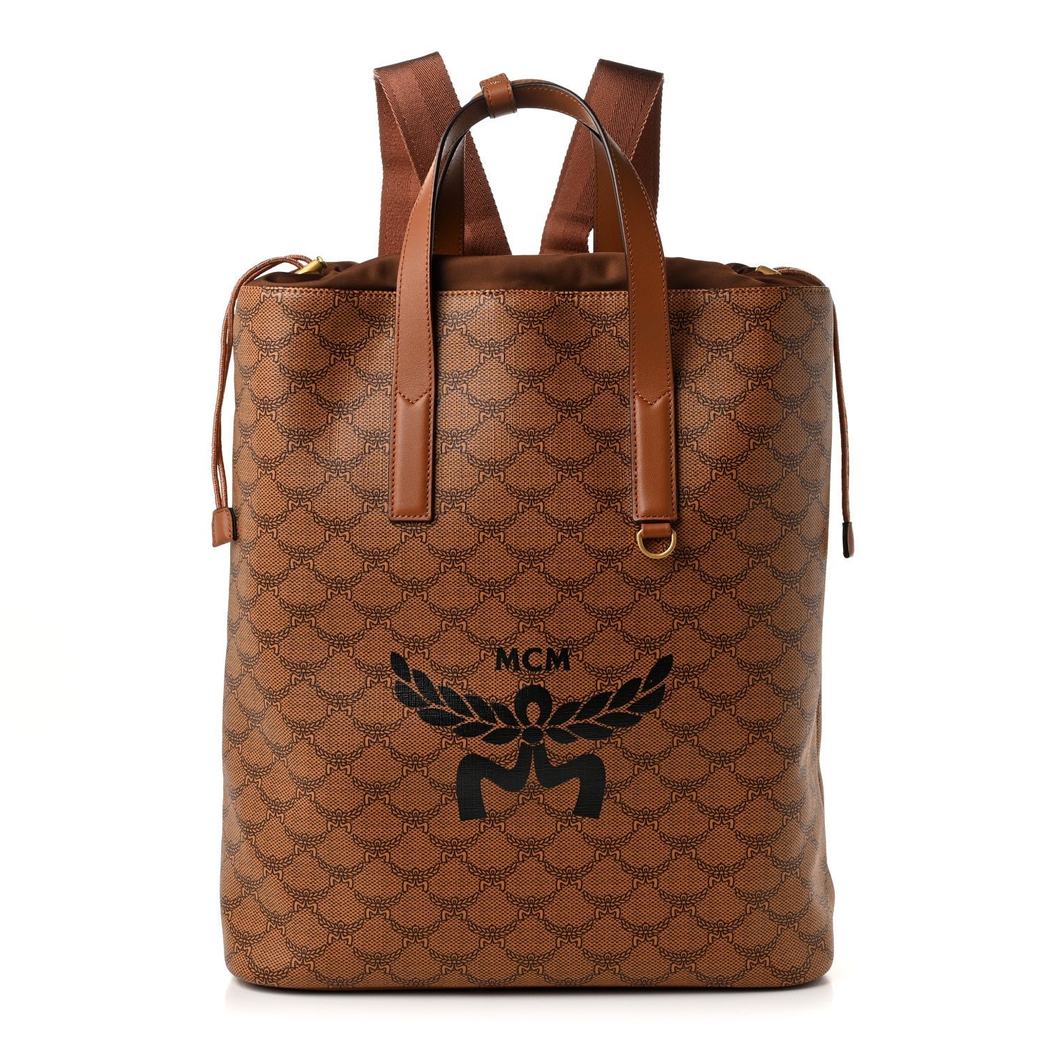 MCM Lauretos Calfskin Medium Himmel Drawstring Backpack Cognac