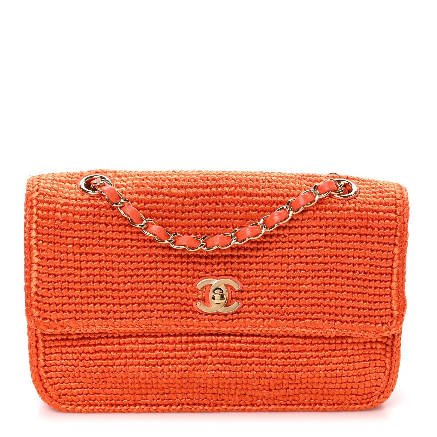 Chanel Braided Raffia Small Coco Beach Flap Bag Orange