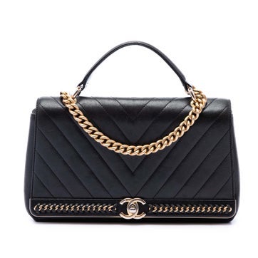 Lambskin Chevron Sheepskin Stitched Chain Top Handle Flap