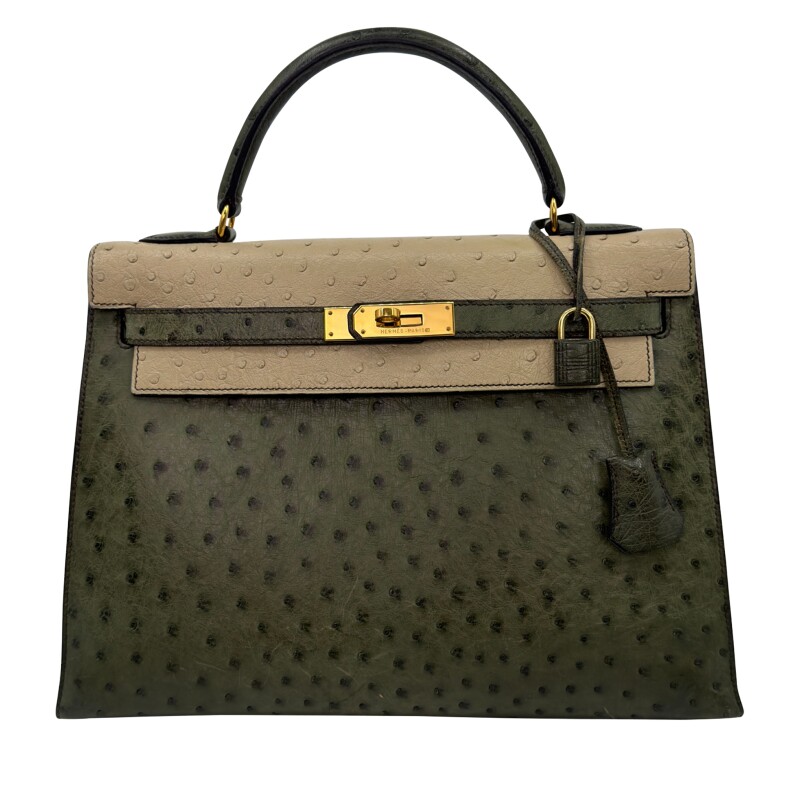 Hermes Vintage Vert Olive and Parchemin Ostrich Sellier Kelly 32 Gold Hardware, 1995