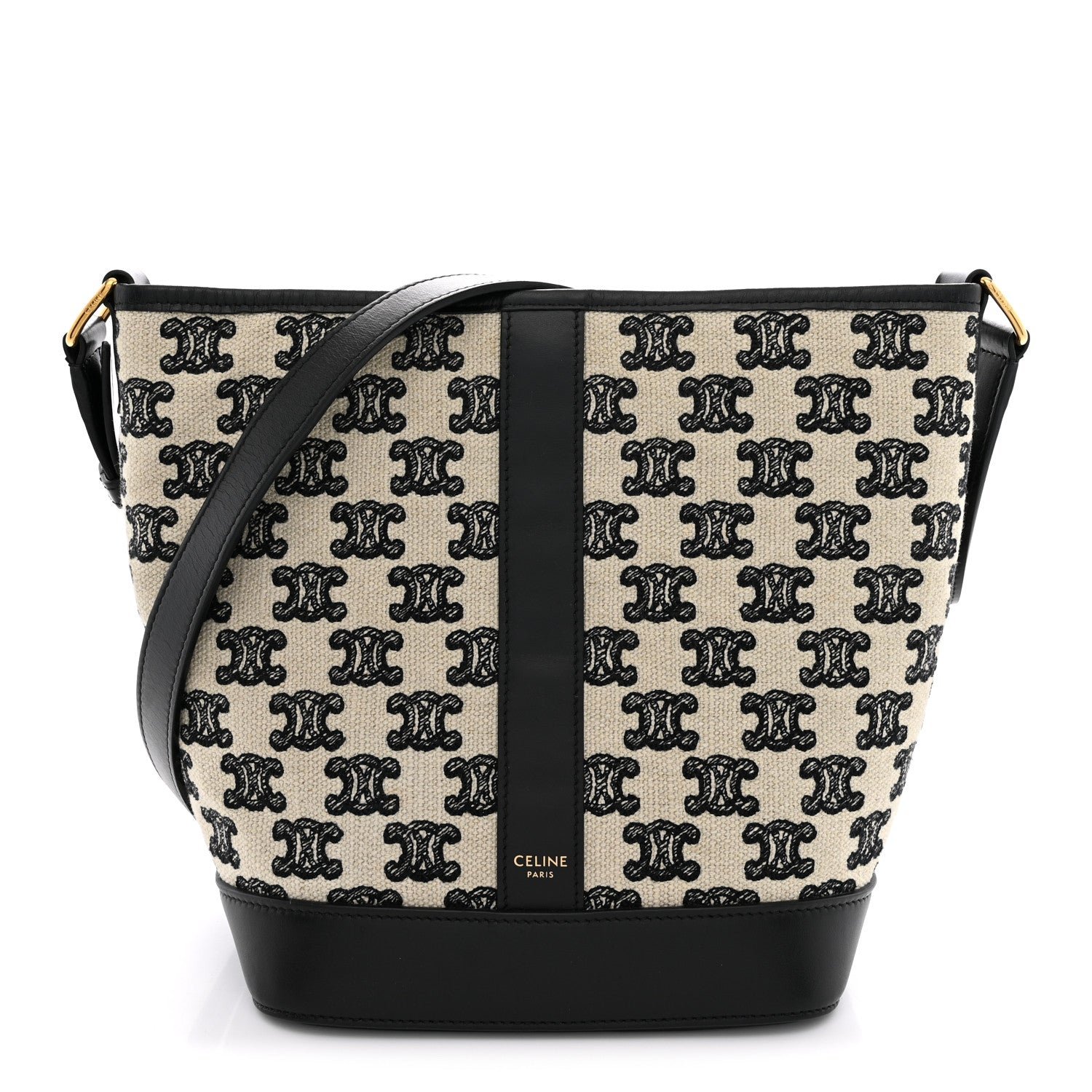 Celine Canvas Calfskin Triomphe Embroidered Small Bucket Bag Black