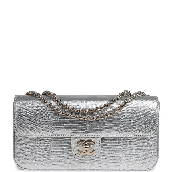 Chanel East West Flap Bag Silver Metallic Lizard Embossed Calfskin Light Gold Hardware