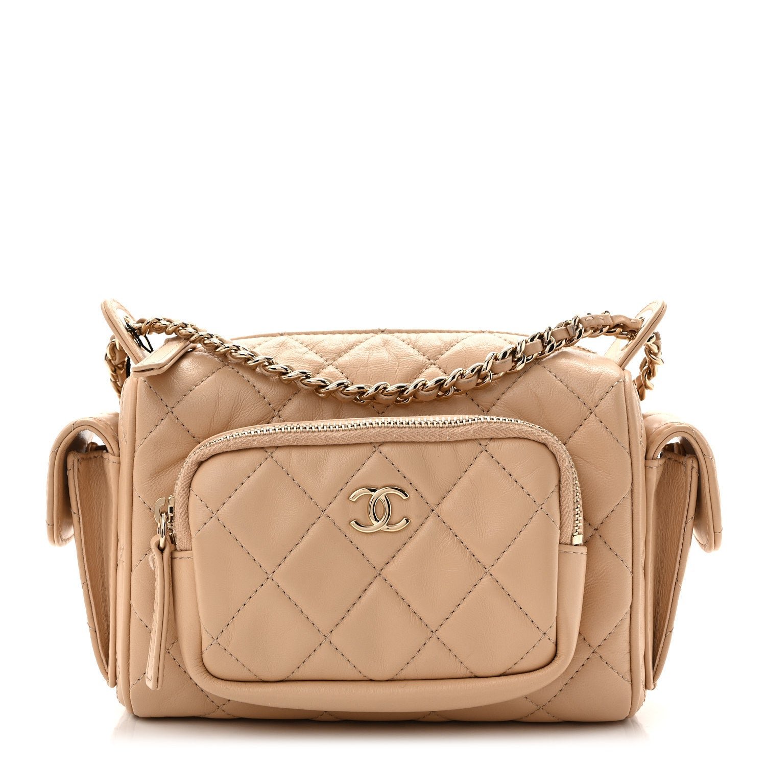Chanel Shiny Crumpled Lambskin Quilted Small Preppy Pocket Camera Case Beige